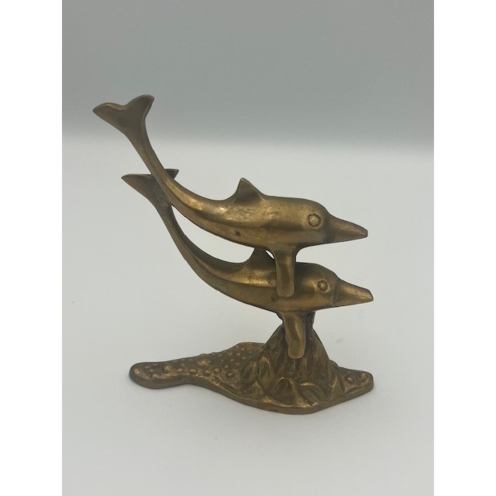 Vintage MCM Solid Brass Double Dolphin Figurine Leaping Nautical Sculpture 50's
